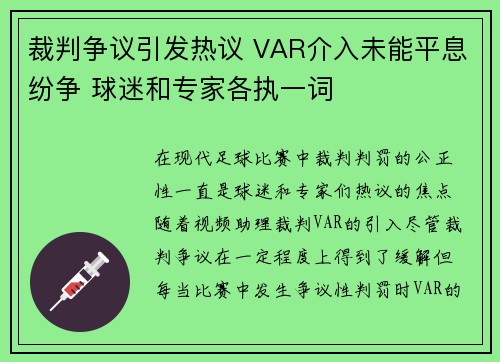 裁判争议引发热议 VAR介入未能平息纷争 球迷和专家各执一词