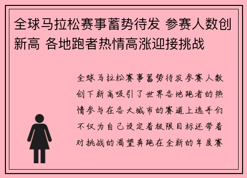 全球马拉松赛事蓄势待发 参赛人数创新高 各地跑者热情高涨迎接挑战